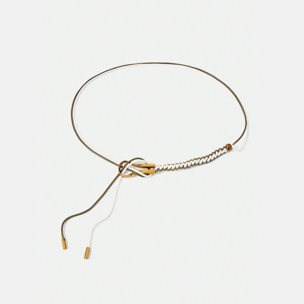 Cream & Olive Braided Cord Belt With Gold Knot Buckle